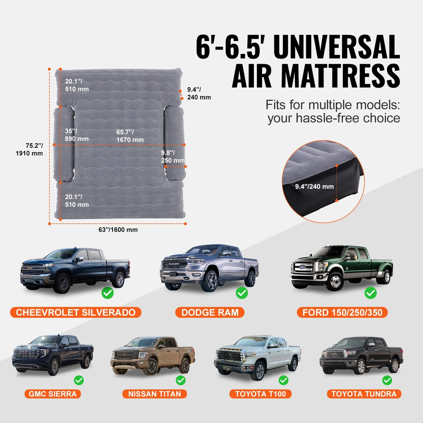 VEVOR Truck Bed Air Mattress, for 6-6.5 ft Full Size Truck Beds, Inflatable Air Mattress Camping Bed,-$80
