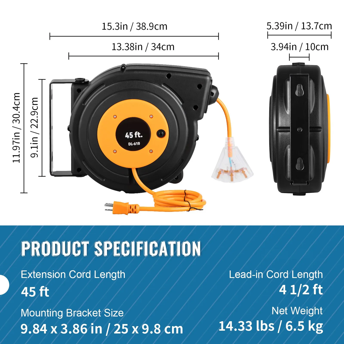 VEVOR Retractable Extension Reel, Heavy Duty 12AWG/3C SJTOW Power Cord 45 FT 12AWG,-$85