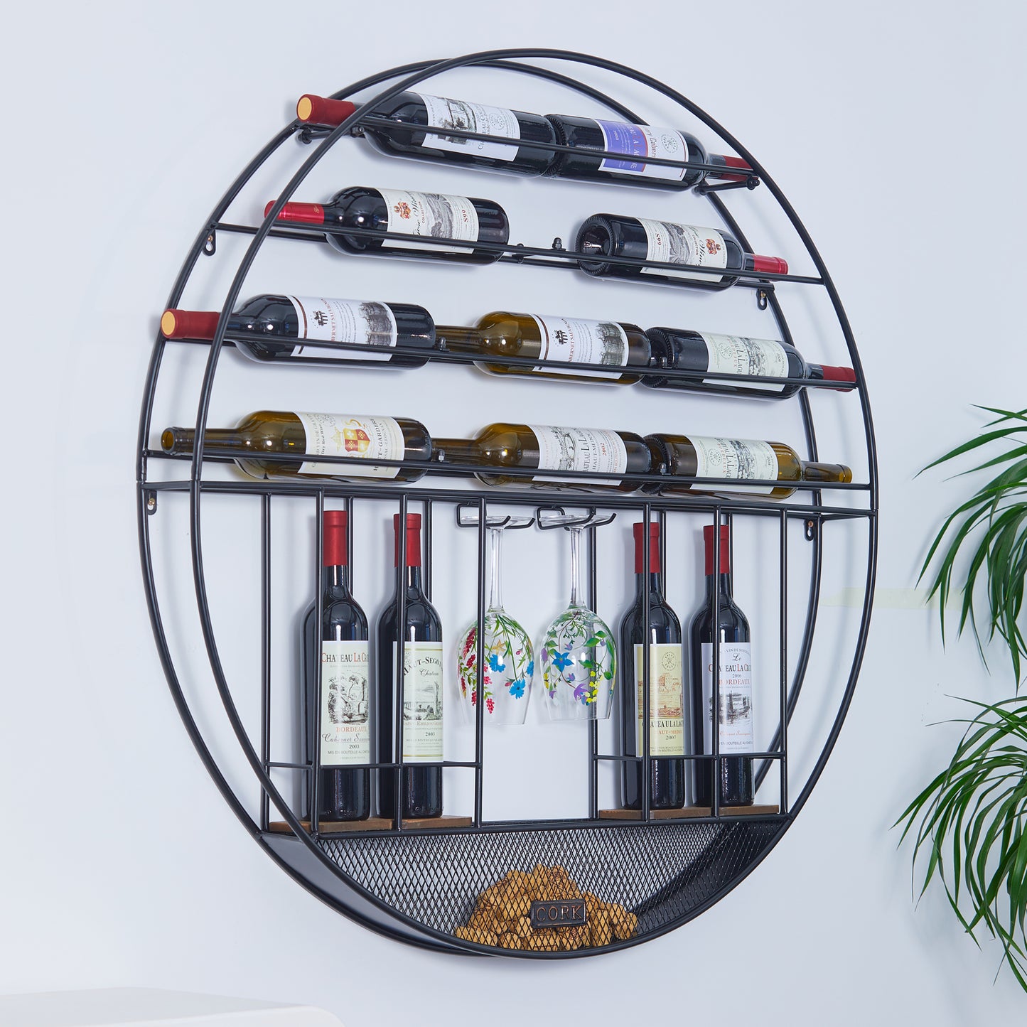 BNIB-Wall Mounted Round Metal Wine Rack w/Cork & Glass Holder,Modern Decoration, Black,