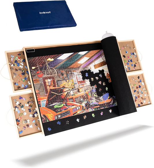 Wooden puzzle table with 4 removable drawers,Dust cover and puzzle pad for up to 1,500 pieces, $60