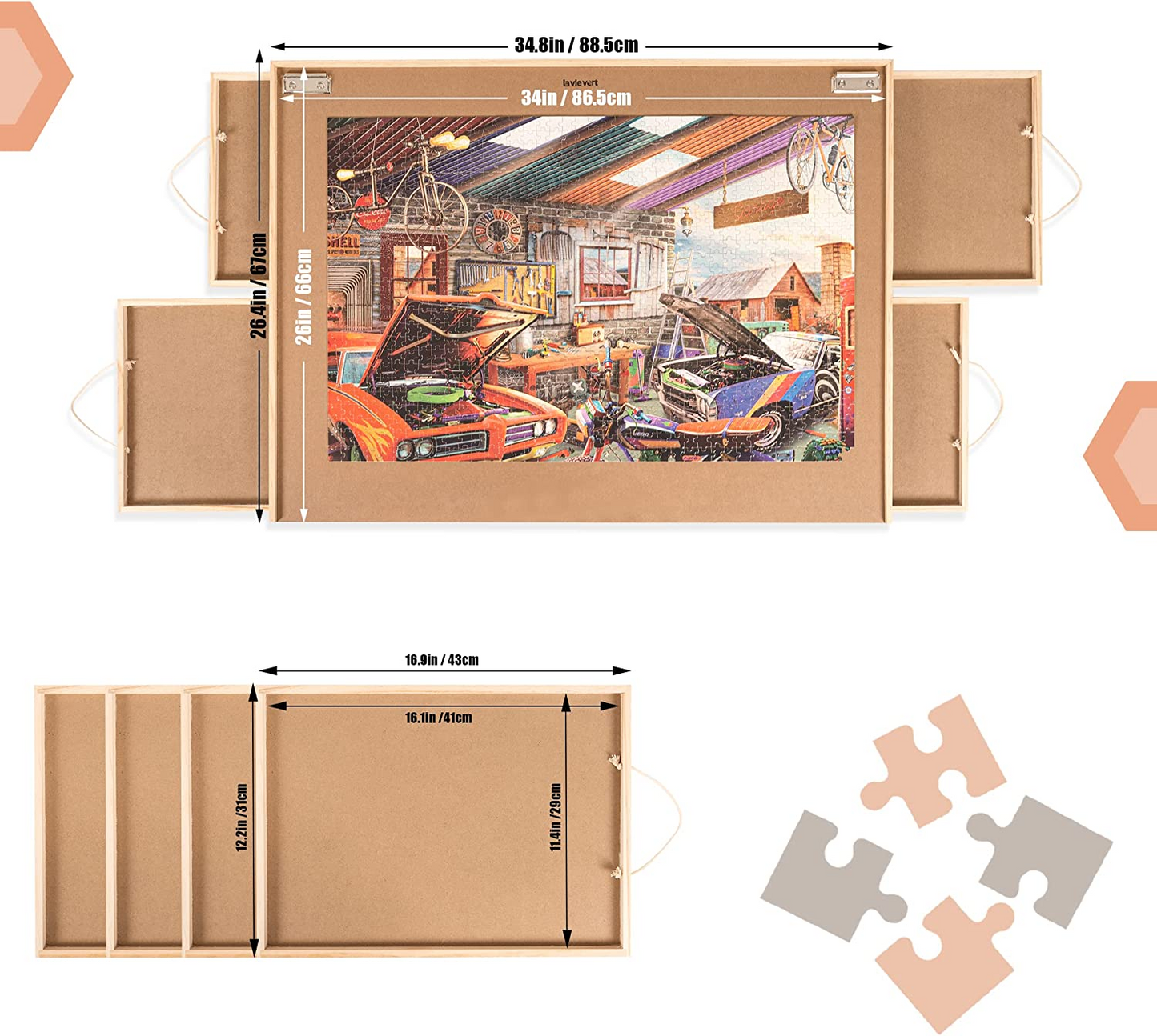 Wooden puzzle table with 4 removable drawers,Dust cover and puzzle pad for up to 1,500 pieces, $60