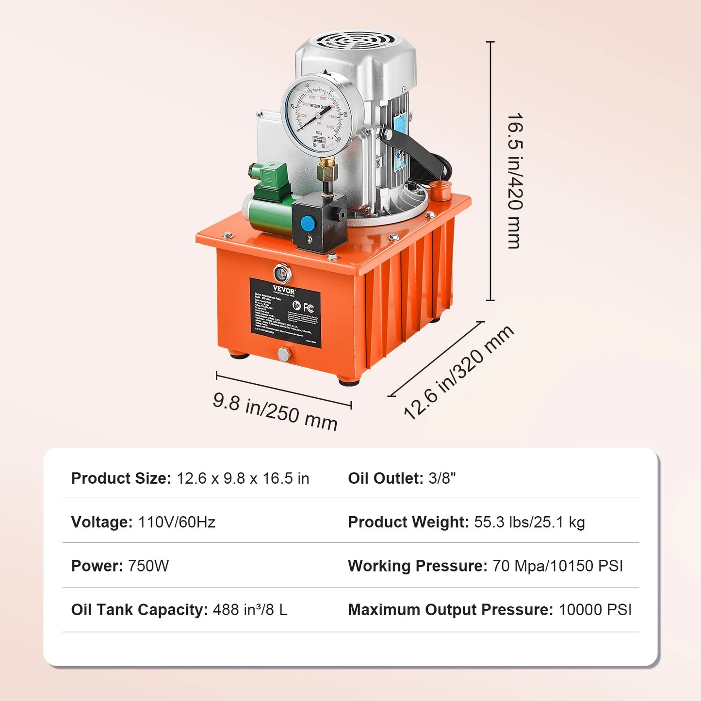 VEVOR Electric Hydraulic Pump, 10000 PSI 750W 110V 488 in³/8L Capacity, Single Acting Solenoid Valve,-$220