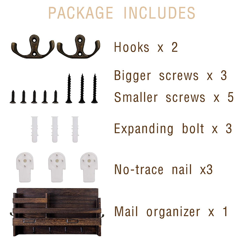 BNIB-Wall Mounted Mail Holder with 4 Key Hooks for Coat, Key Entryway Organizer,(Brown)