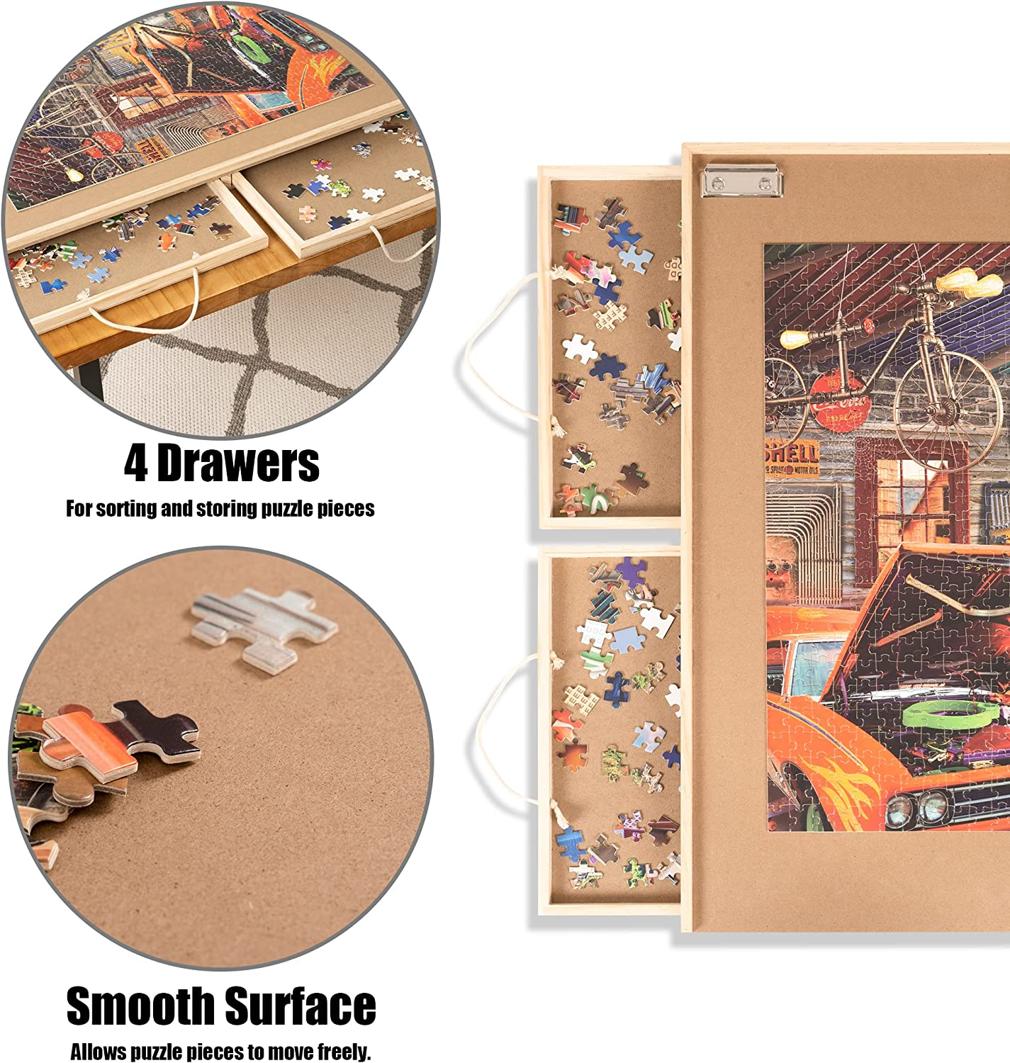 Wooden puzzle table with 4 removable drawers,Dust cover and puzzle pad for up to 1,500 pieces, $60