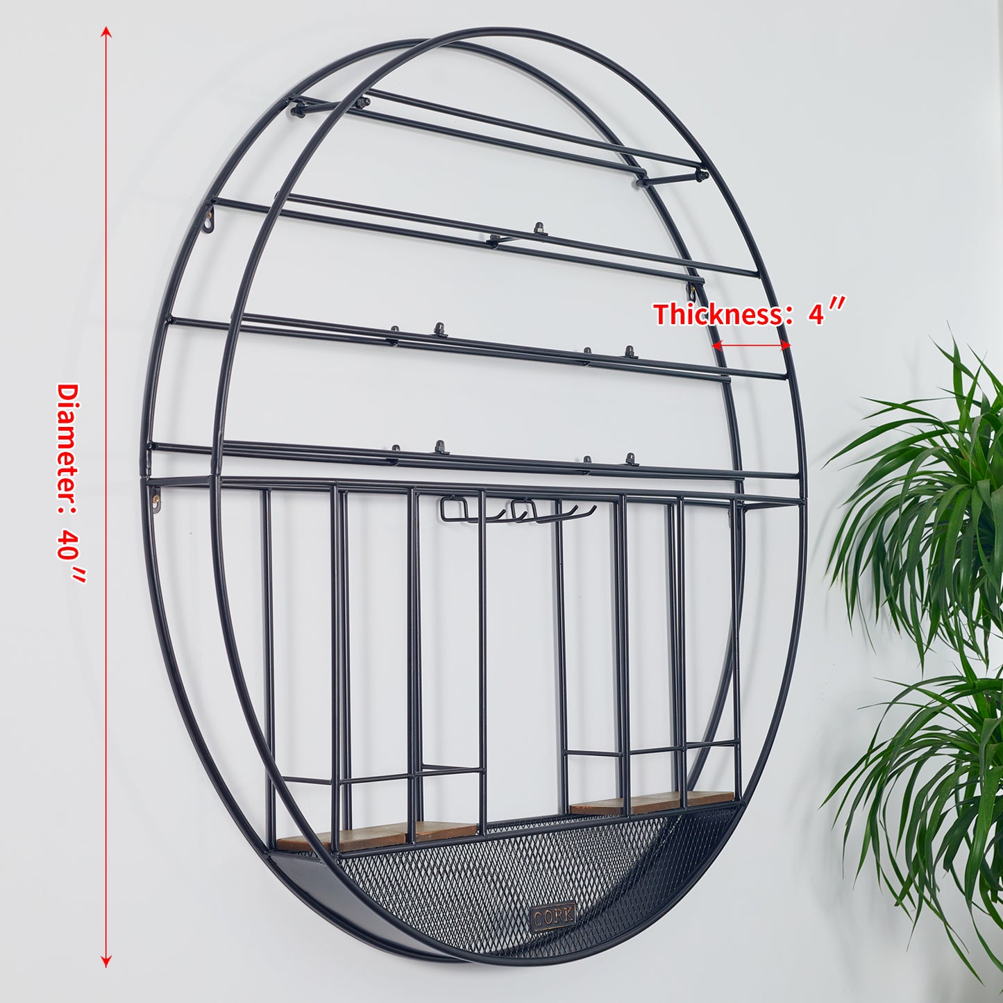 BNIB-Wall Mounted Round Metal Wine Rack w/Cork & Glass Holder,Modern Decoration, Black,