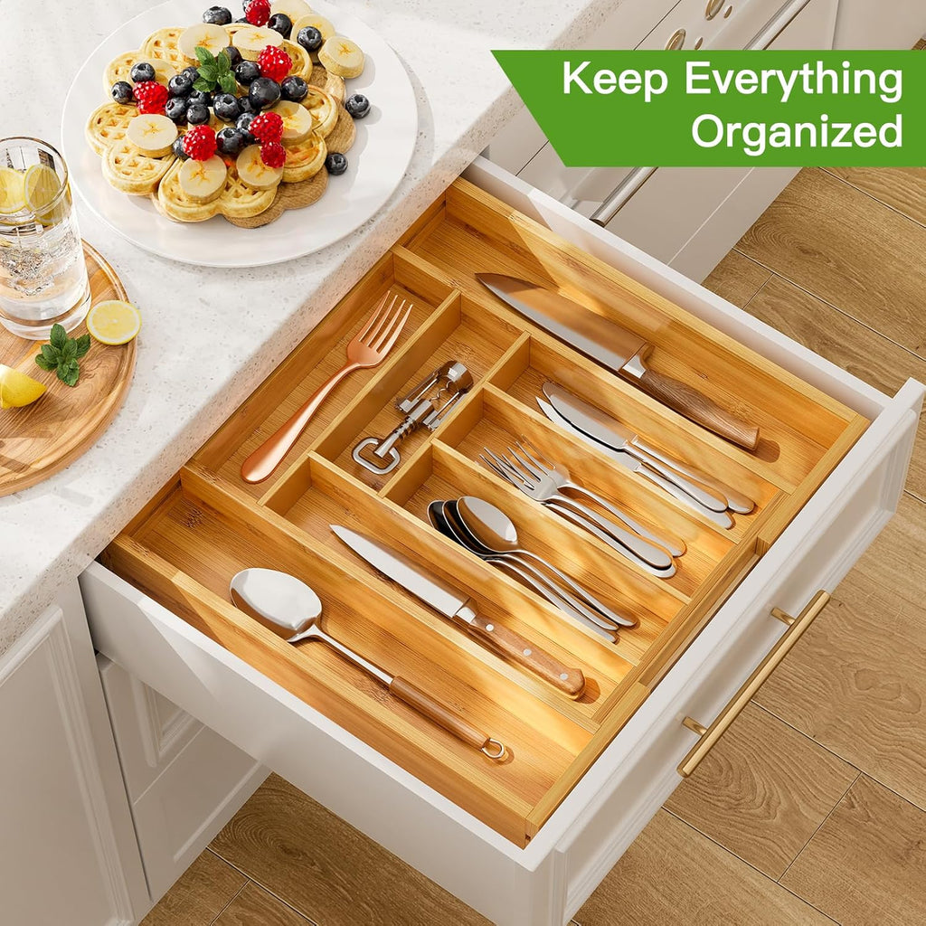 BNIB-Bamboo Expandable Drawer Organizer for Utensils Holder, Adjustable Cutlery Tray, (Yellow)-$20