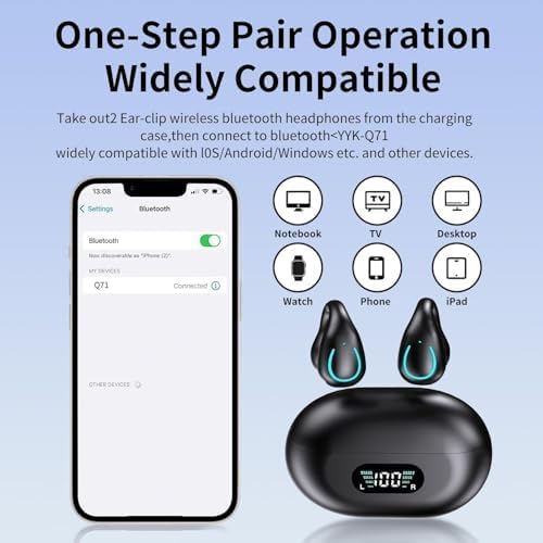 BNIB-Open Ear Clip Wireless Bone Conduction Earbuds, Built-in Microphone, Wireless Charging Case