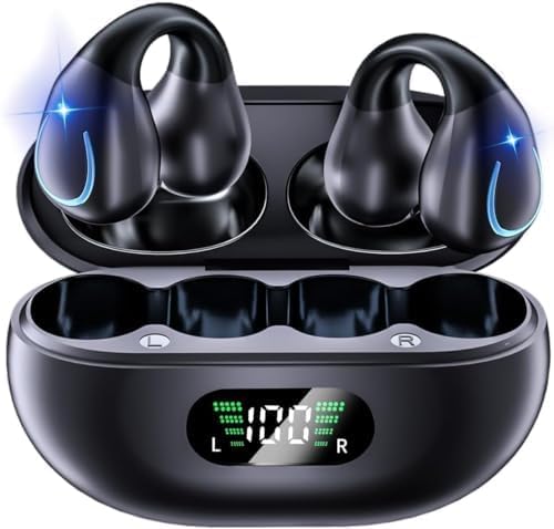 BNIB-Open Ear Clip Wireless Bone Conduction Earbuds, Built-in Microphone, Wireless Charging Case