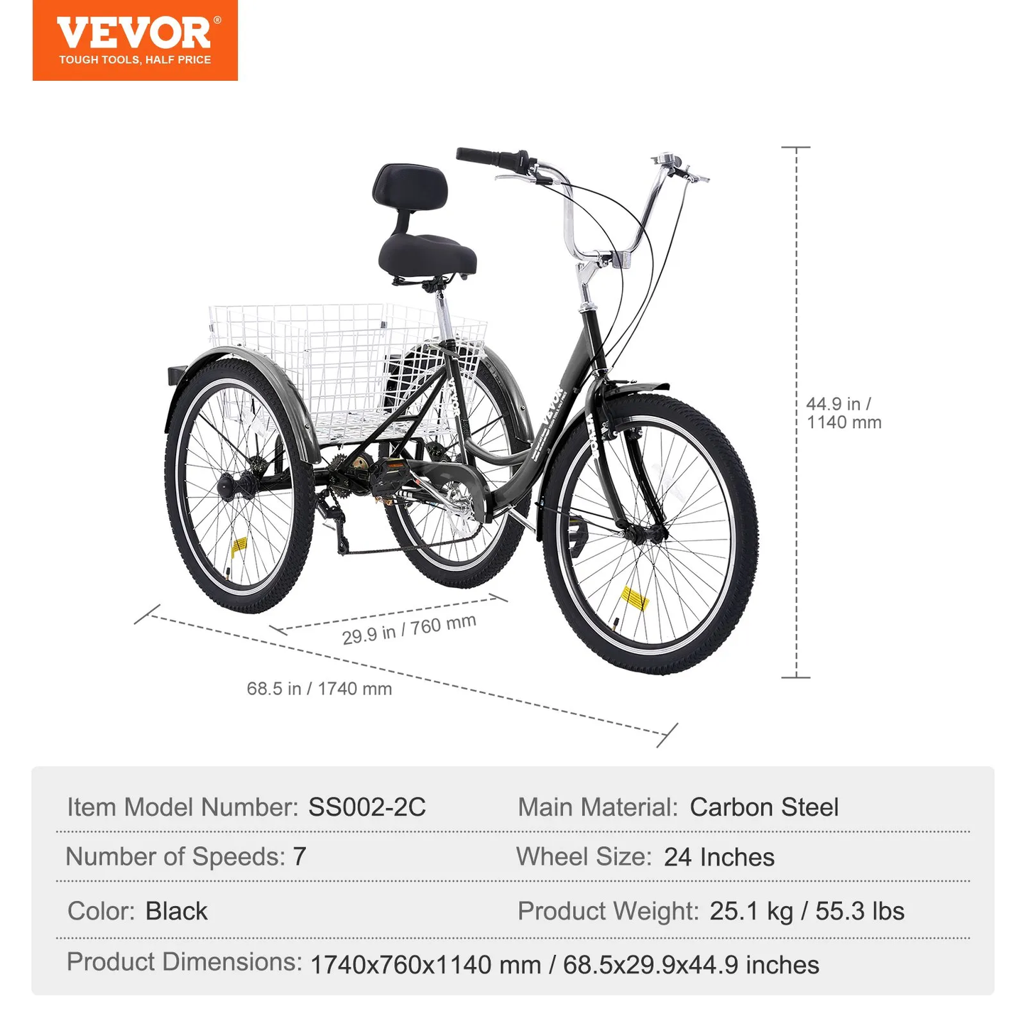 VEVOR Adult Tricycles Bike, 7 Speed Adult Trikes, 24 Inch Three-Wheeled Bicycles, Carbon Steel Cruiser Bike