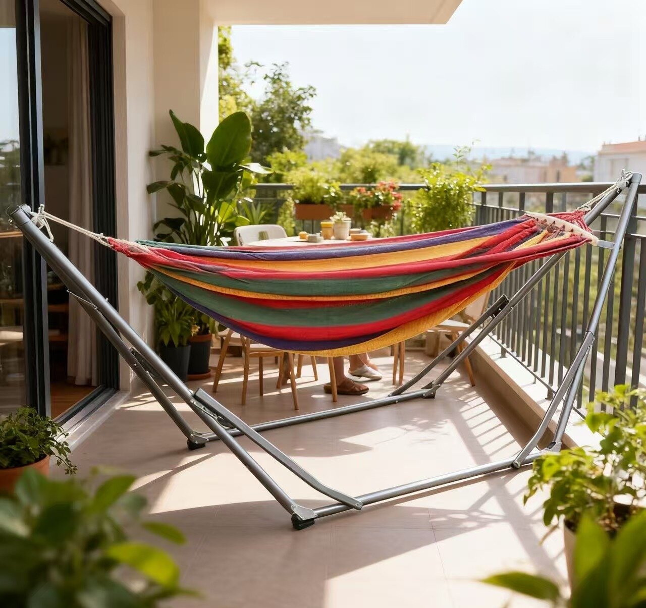 BNIB-kluokesi Double Hammock with Space Saving Metal Stand and Carrying Bag, Indoor Hammock Stand