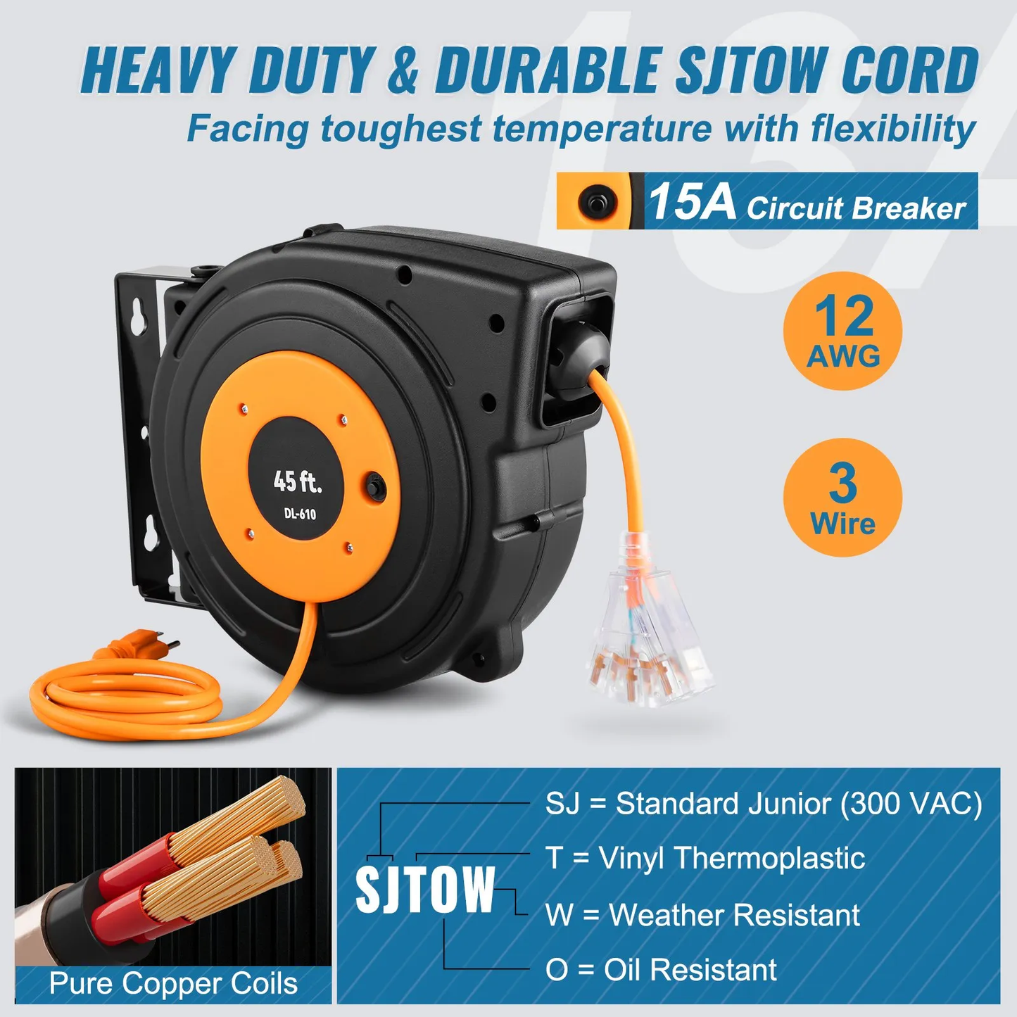 VEVOR Retractable Extension Reel, Heavy Duty 12AWG/3C SJTOW Power Cord 45 FT 12AWG,-$85