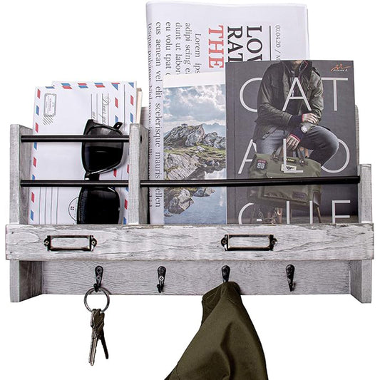 BNIB-Wall Mounted Mail Holder with 4 Key Hooks for Coat, Key Entryway Organizer(Gray)