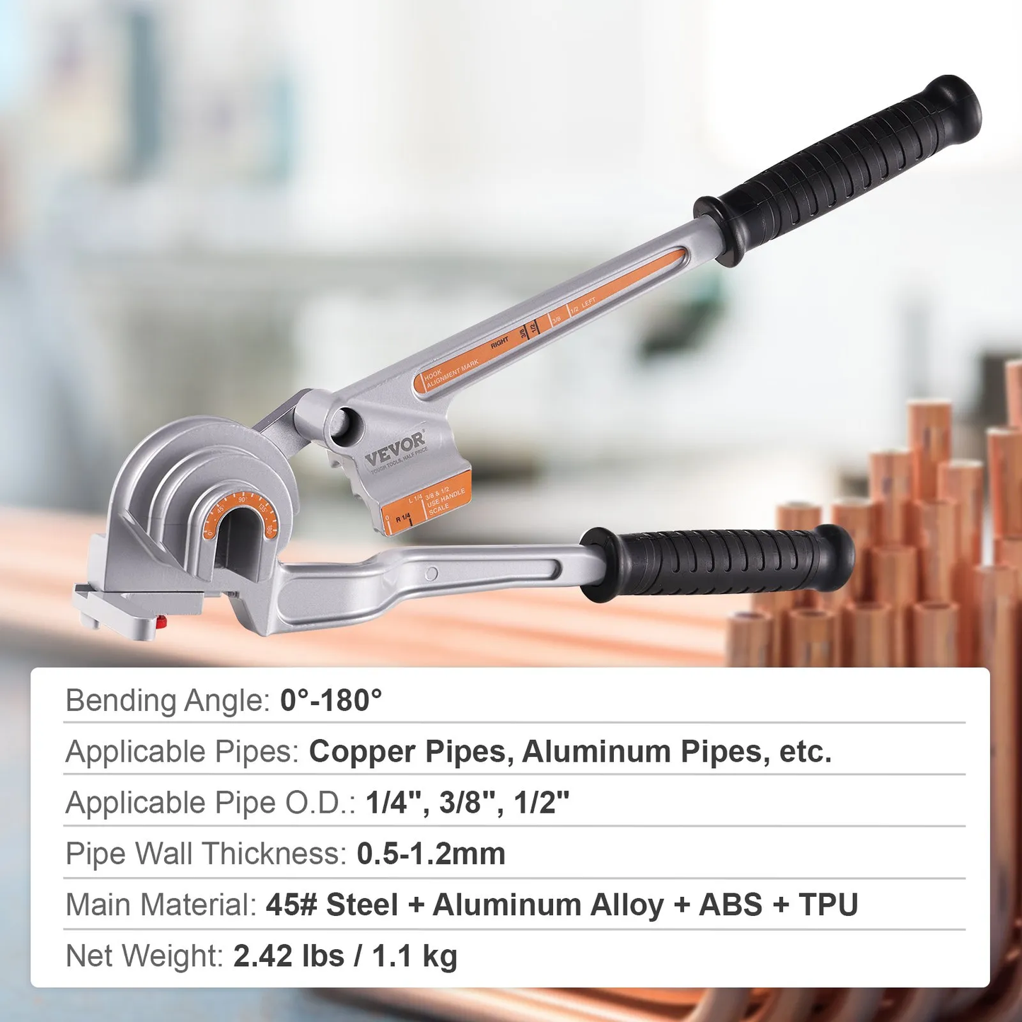 VEVOR Pipe Tube Bender, 1/4", 3/8", 1/2" OD, 3 in 1 Manual Level Tube Bender, 180°Bending Tools,-$30