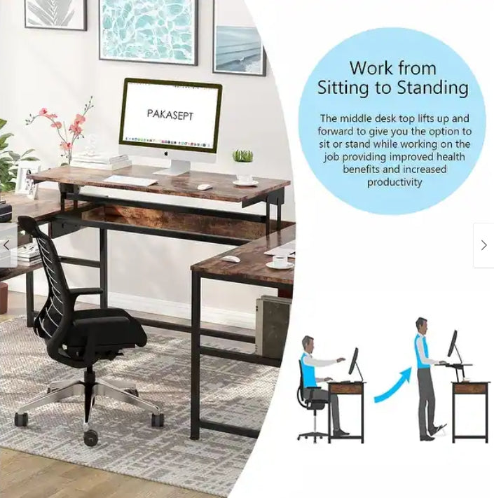 BNIB-U- Shaped Computer Desk with Lift Top, Work from Sitting to Standing