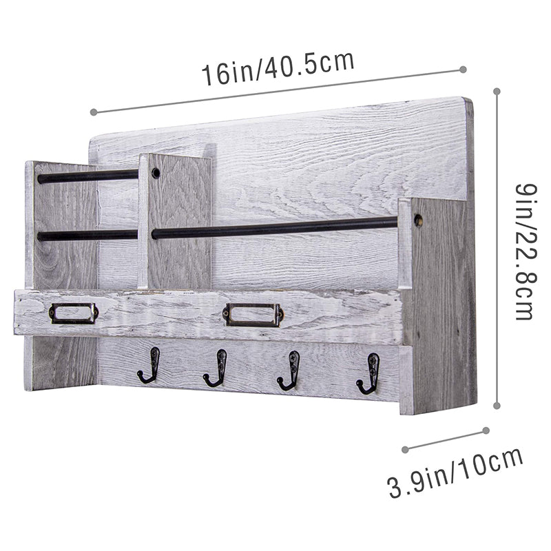 BNIB-Wall Mounted Mail Holder with 4 Key Hooks for Coat, Key Entryway Organizer(Gray)