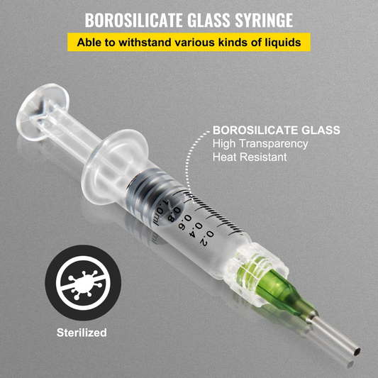 VEVOR 100 PCS Borosilicate Glass Luer Lock Syringe, 1mL, Reusable Glass Syringes,-$50