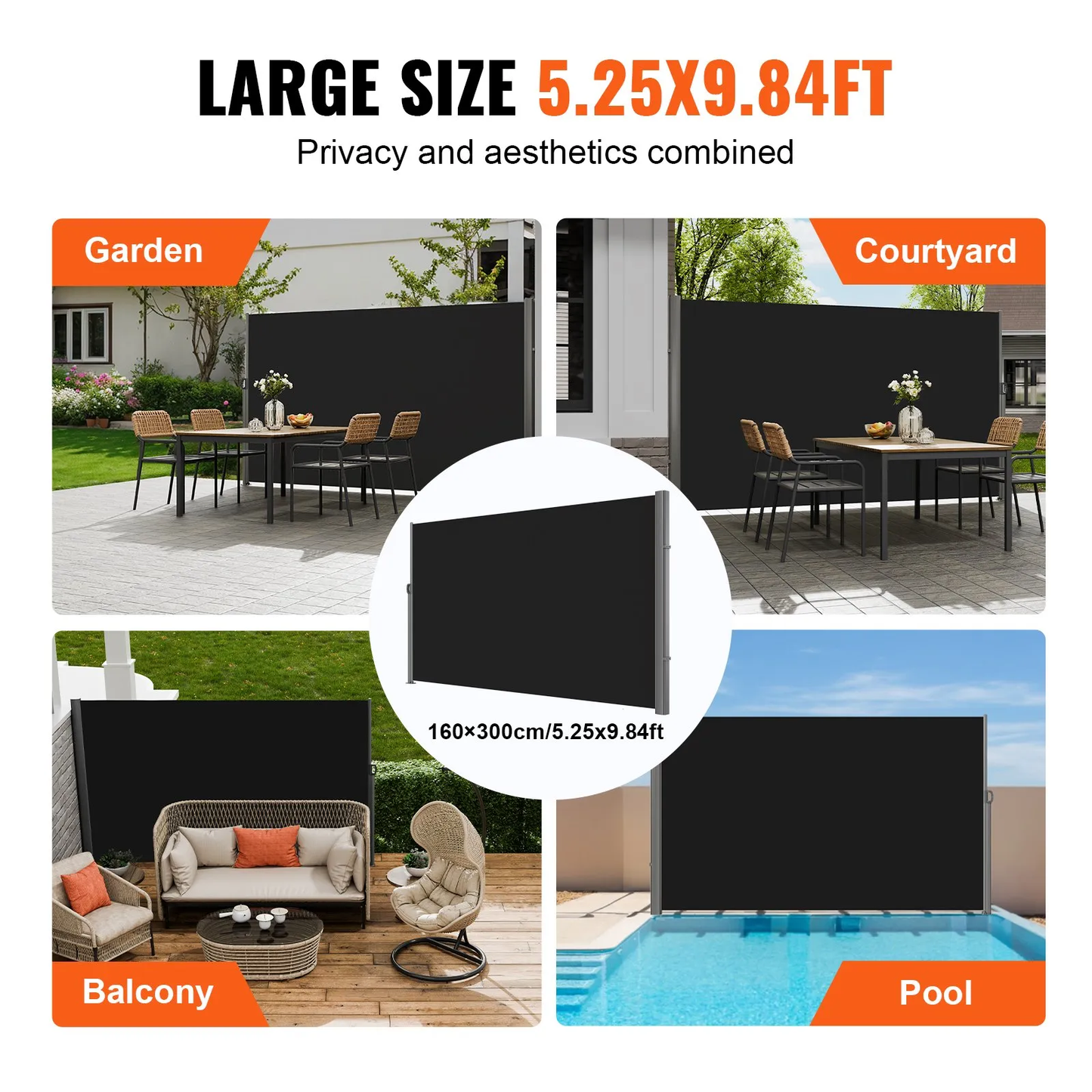 VEVOR Retractable Side Awning 118" x 63", Retractable Patio Screen Waterproof, Divider Black,-$90