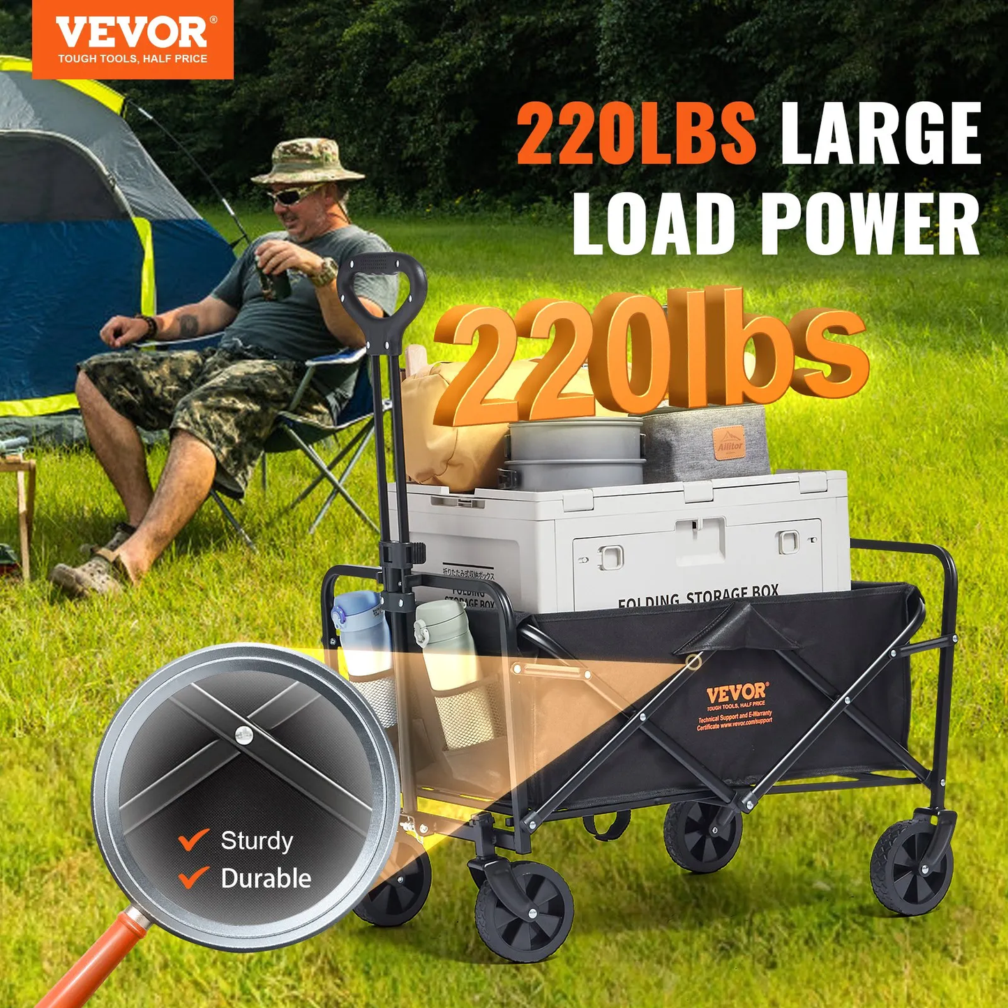 VEVOR Collapsible Folding Wagon, 2 cu.ft Beach Wagon Cart with All-Terrain 5in Wheels,-$55