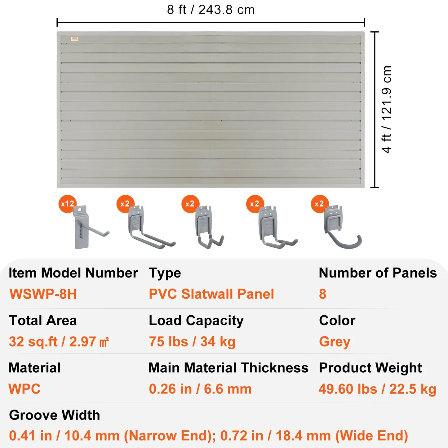 VEVOR Slatwall Panels with Hooks, 4 ft x 1 ft Gray Garage Wall Panels 12"H x 48"L (Set of 8 Panels)