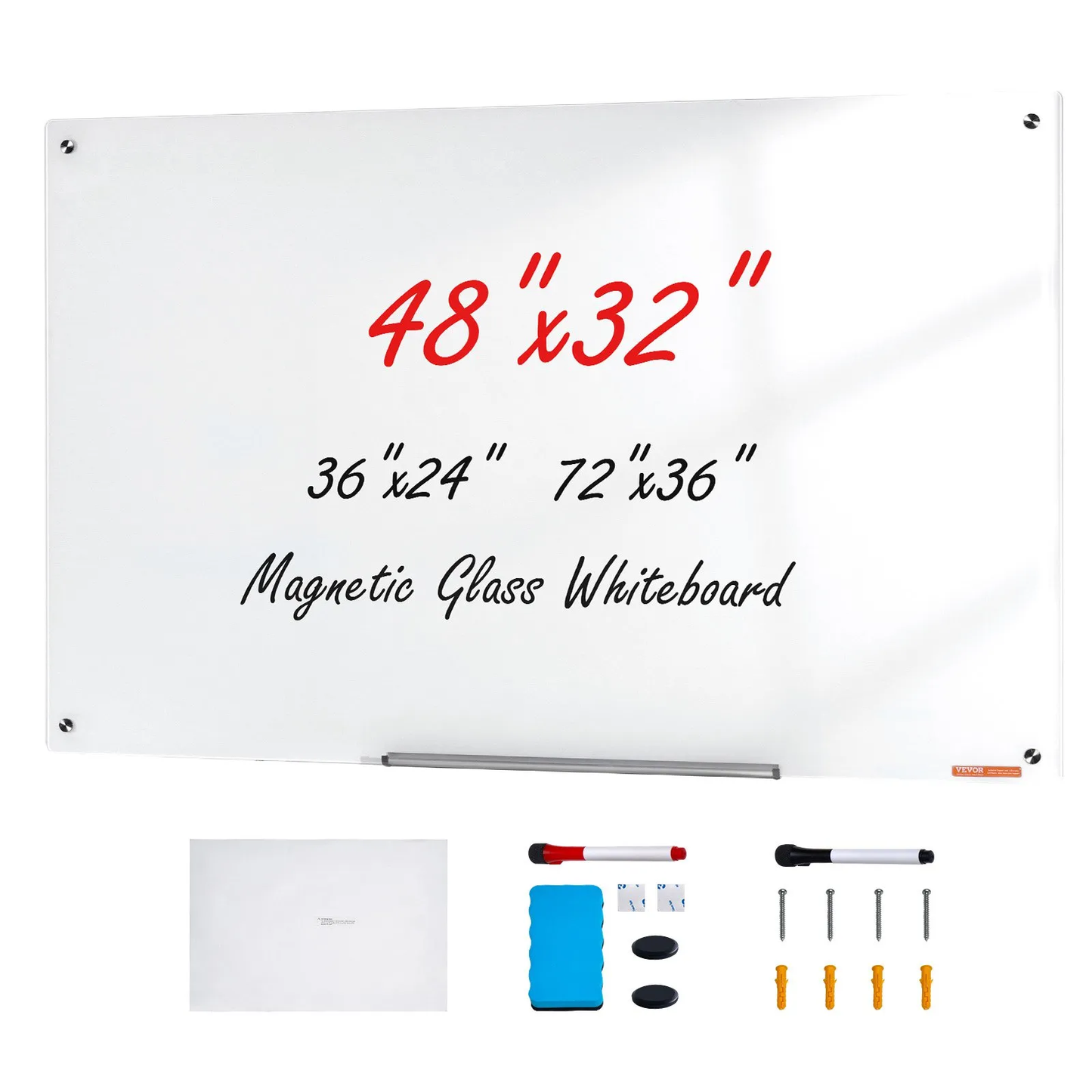 VEVOR Magnetic Glass Whiteboard, Dry Erase Board 48"x32", Wall-Mounted Large White Glassboard Frameless,-$80