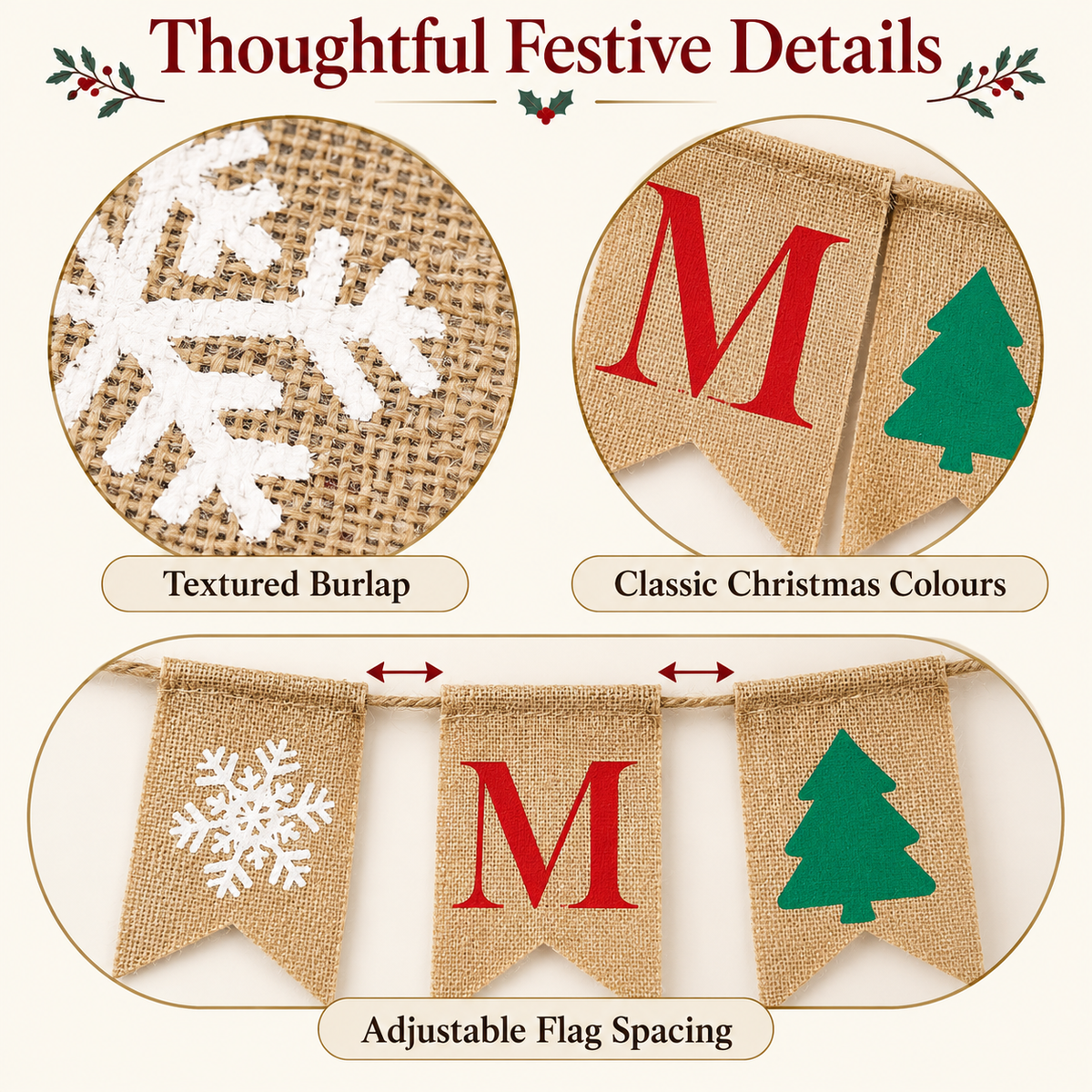 Brand New Merry Christmas Burlap Banner Set with 4 Red Bows,-$5