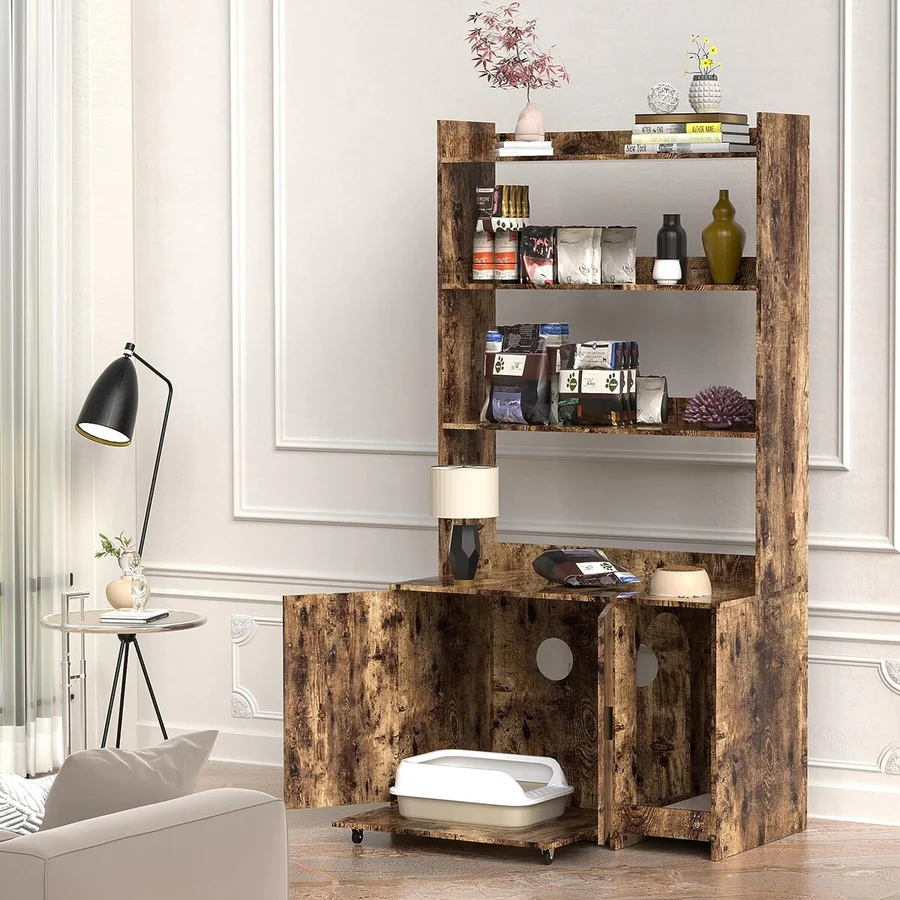 BNIB-Storage Cabinet w/Shelves, Hidden Litter Box Furniture w/2 Doors for Living Room