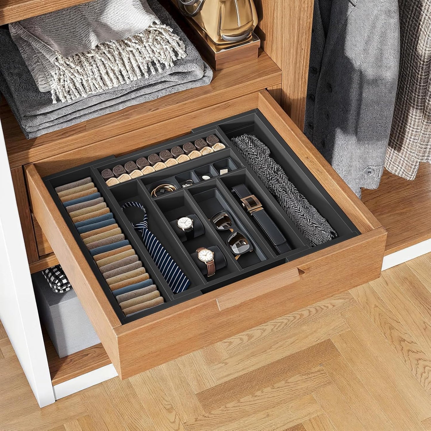 BNIB-Bamboo Expandable Drawer Organizer for Utensils Holder, Adjustable Cutlery Tray, (Black)-$20
