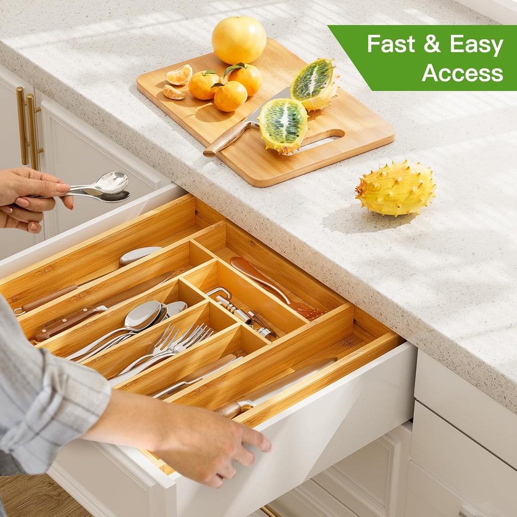 BNIB-Bamboo Expandable Drawer Organizer for Utensils Holder, Adjustable Cutlery Tray, (Yellow)-$20