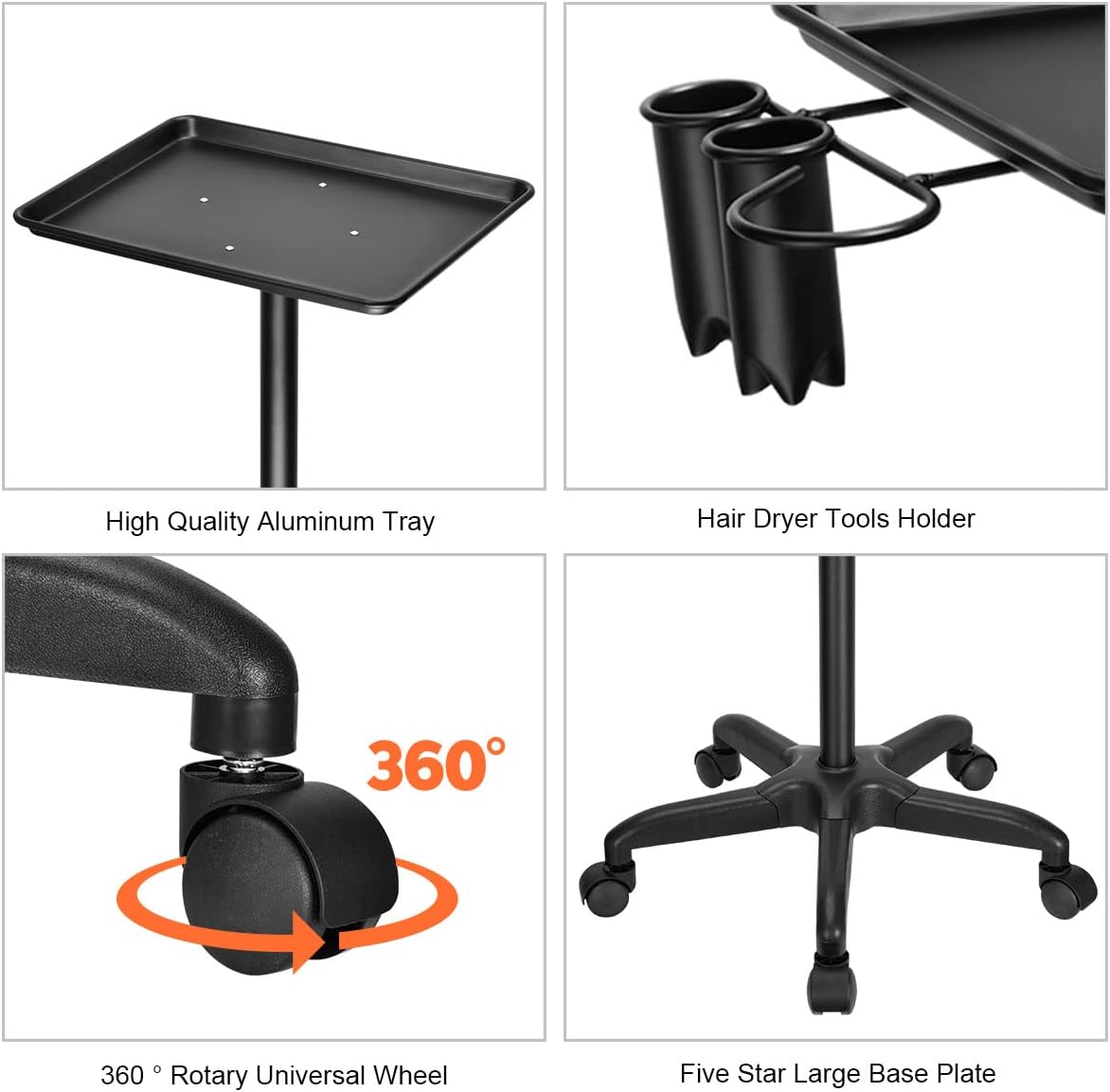 BNIB-Rolling Salon Tray, Tattoo Tray Cart Aluminum Tray Instrument Stand, Adjustable Height Mobile Utility,