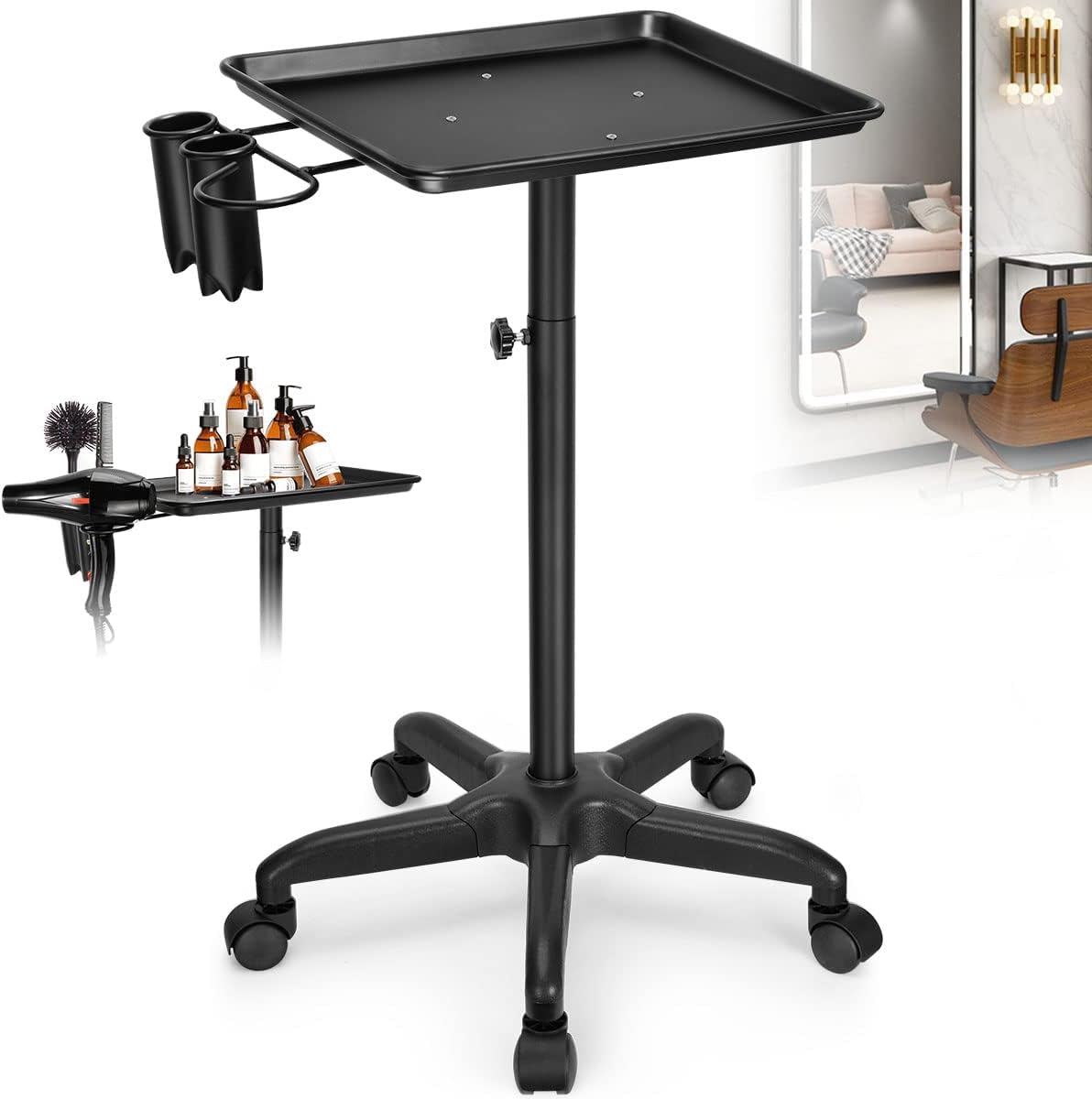 BNIB-Rolling Salon Tray, Tattoo Tray Cart Aluminum Tray Instrument Stand, Adjustable Height Mobile Utility,
