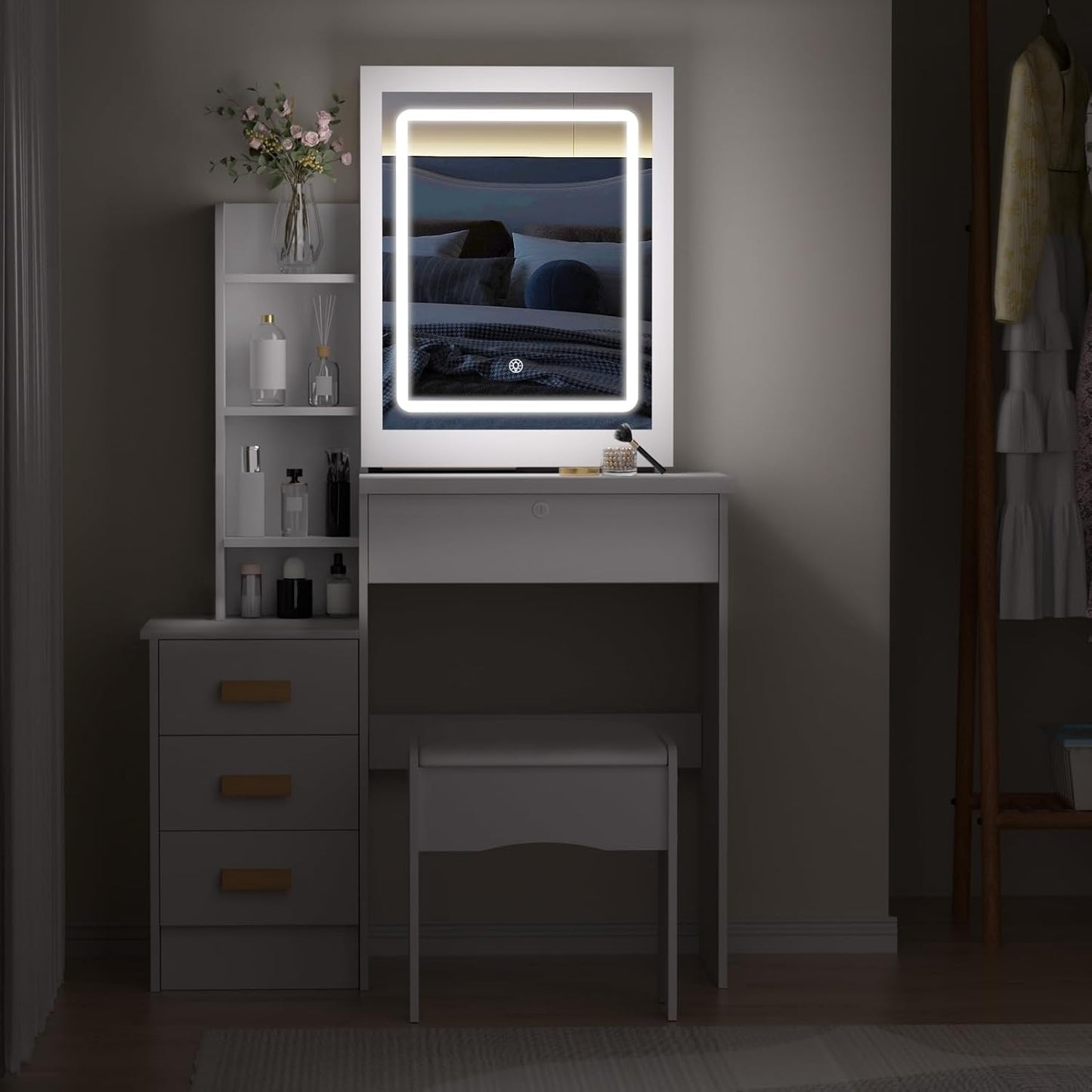 BNIB-Frogued Vanity Desk with LED Lighted Round Mirror, 3 Lighting Modes Makeup Table,-$100