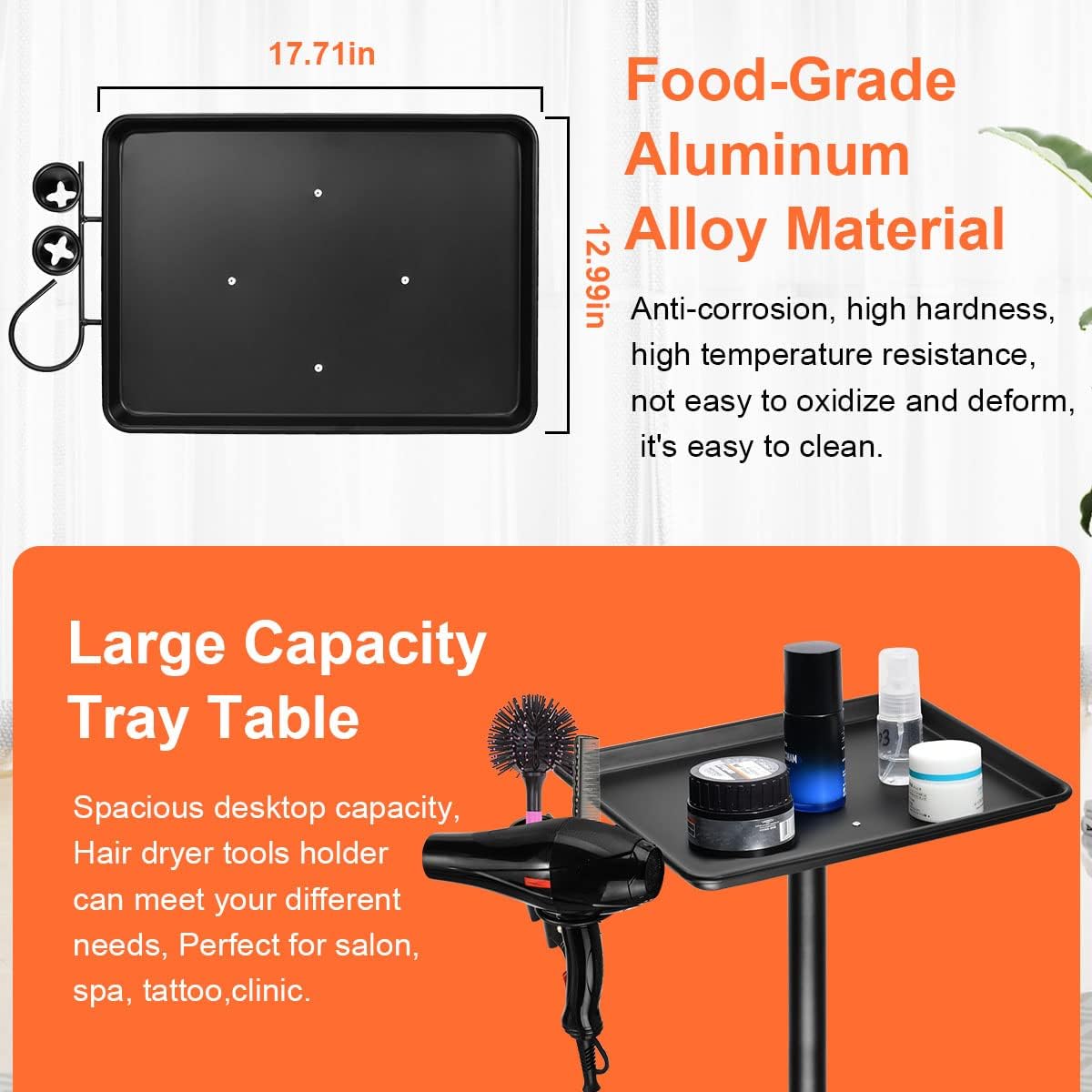 BNIB-Rolling Salon Tray, Tattoo Tray Cart Aluminum Tray Instrument Stand, Adjustable Height Mobile Utility,