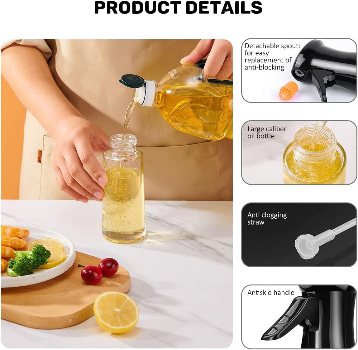 BNIB-Oil Sprayer for Cooking, Olive Oil Sprayer Mister Spray Bottle with 2 Rotatable Nozzles