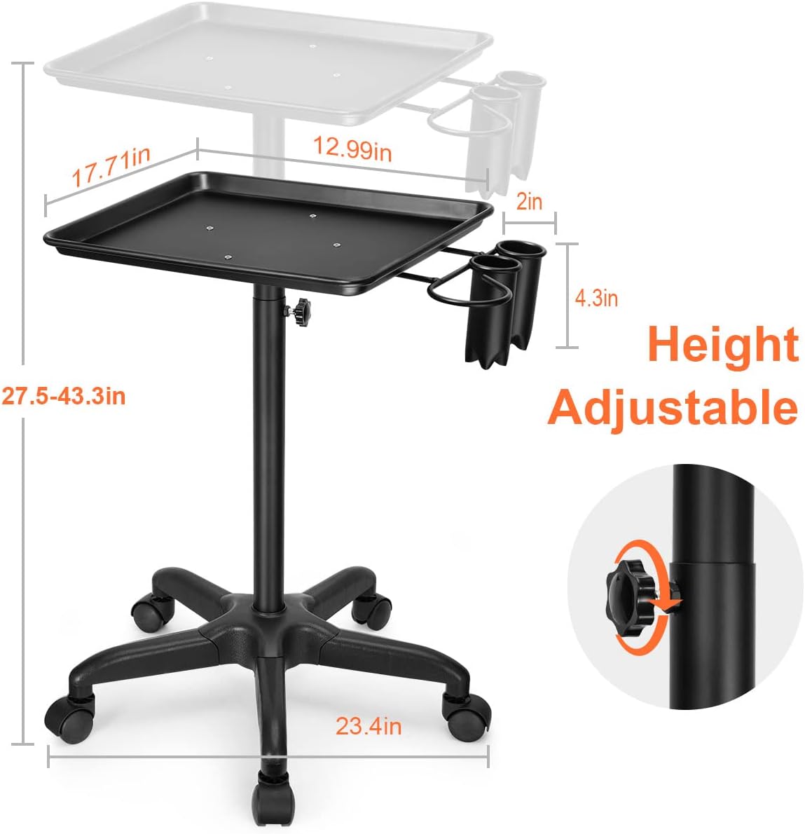 BNIB-Rolling Salon Tray, Tattoo Tray Cart Aluminum Tray Instrument Stand, Adjustable Height Mobile Utility,