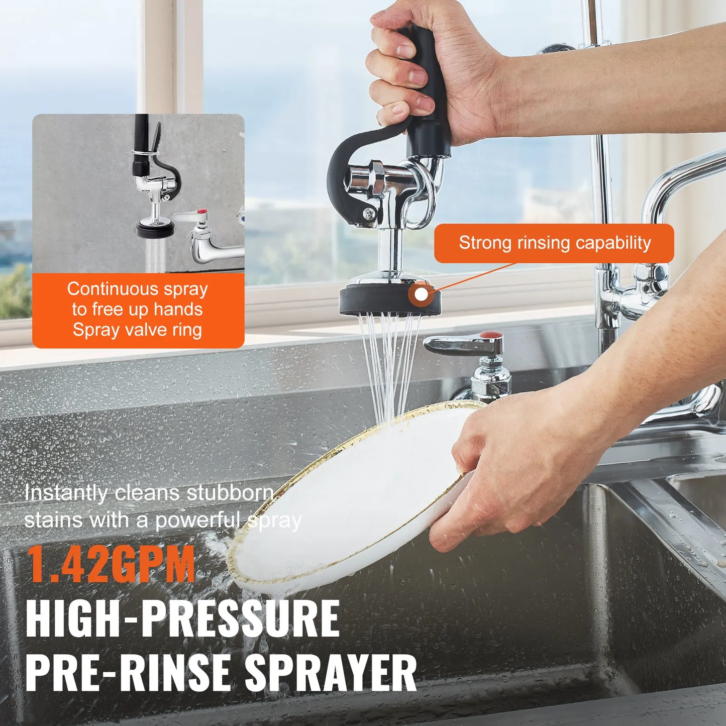 VEVOR Commercial Faucet with Pre-Rinse Sprayer, 44" Height, 8" Center, 12" Swing Spout,-$110
