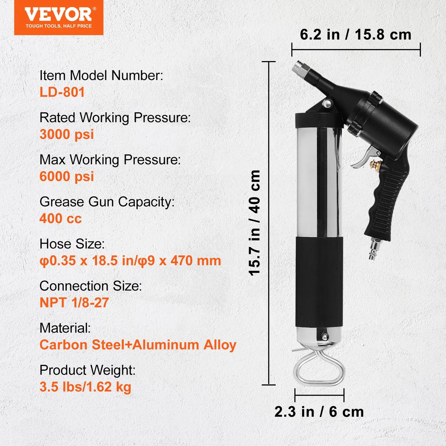 VEVOR Air Operated Grease Gun, 6000PSI, 14 OZ/400 CC Capacity Heavy Duty Pneumatic Grease Gun