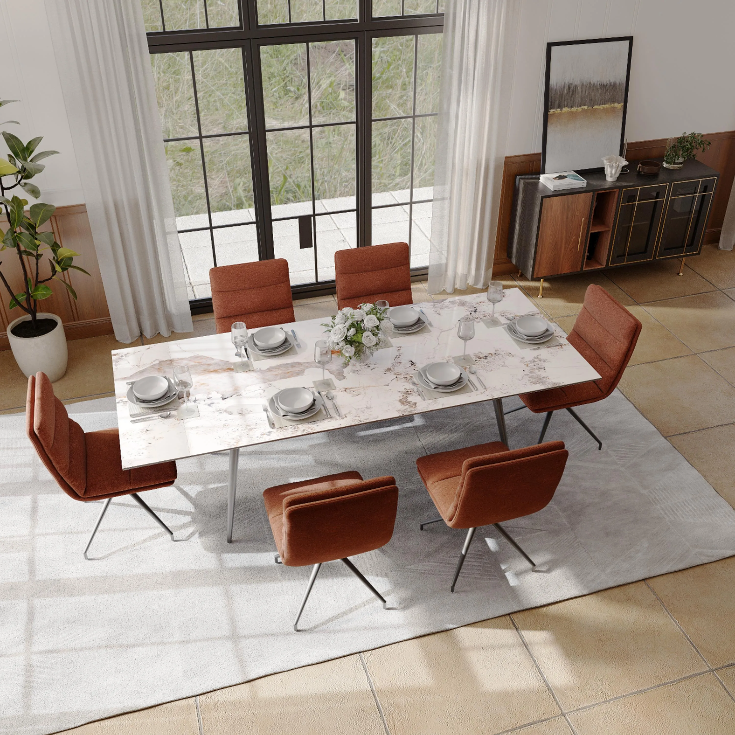 BNIB-POVISON 55'' Mid-Century Modern Credenza, Solid Wood Sideboard Buffet Cabinet, Walnut Finish,-$1000