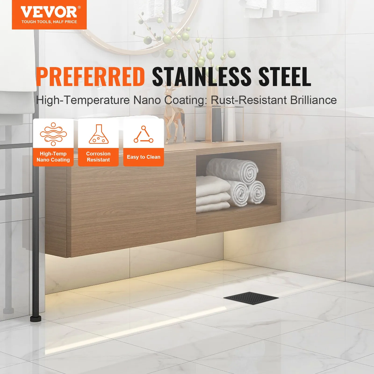 VEVOR 16 Inch Linear Shower Drain with Square Pattern Grate,Brushed 304 Stainless Steel Rectangle,-$20