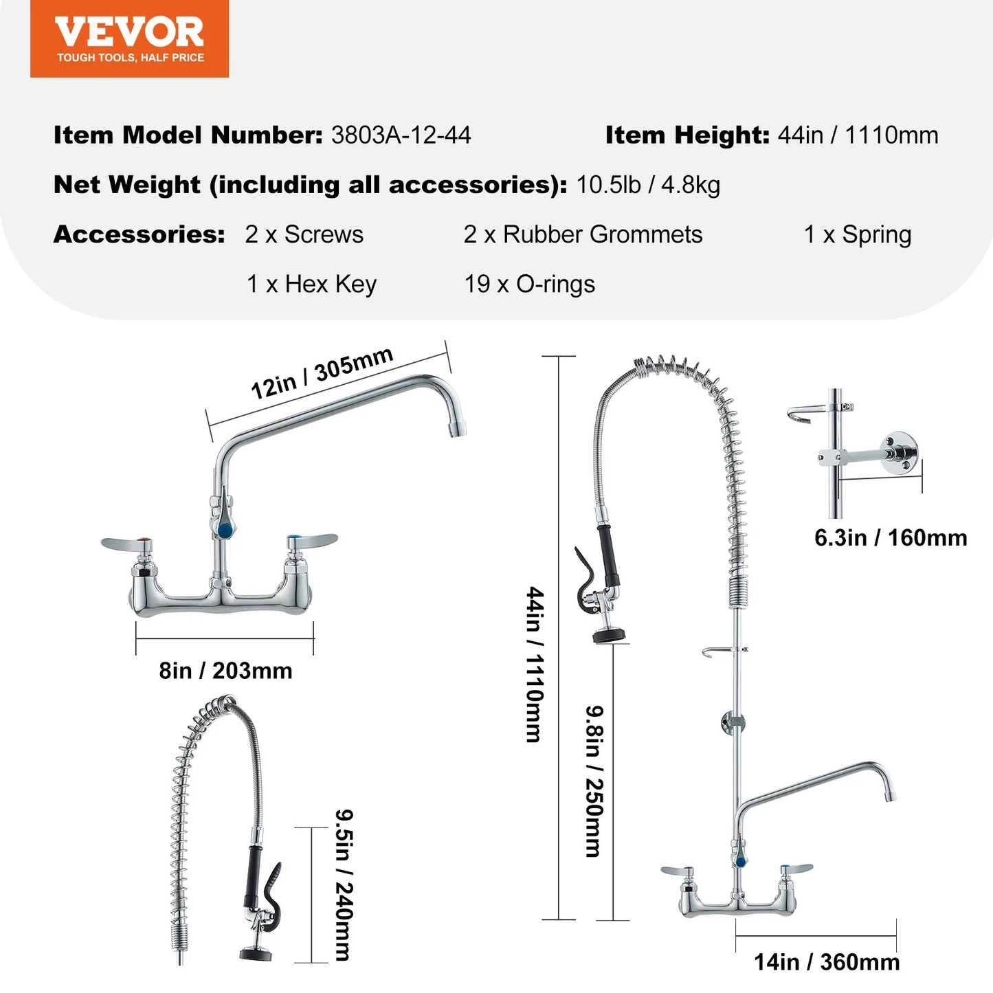 VEVOR Commercial Faucet with Pre-Rinse Sprayer, 44" Height, 8" Center, 12" Swing Spout,-$110