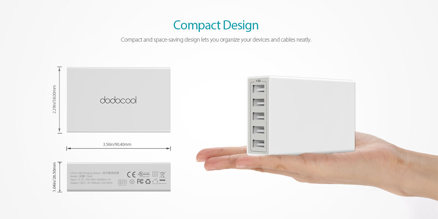 BNIB- 65W 5-Port USB Charging Station,Each USB output is up to 5V 2.4A. Total USB output is up to 5V 8A