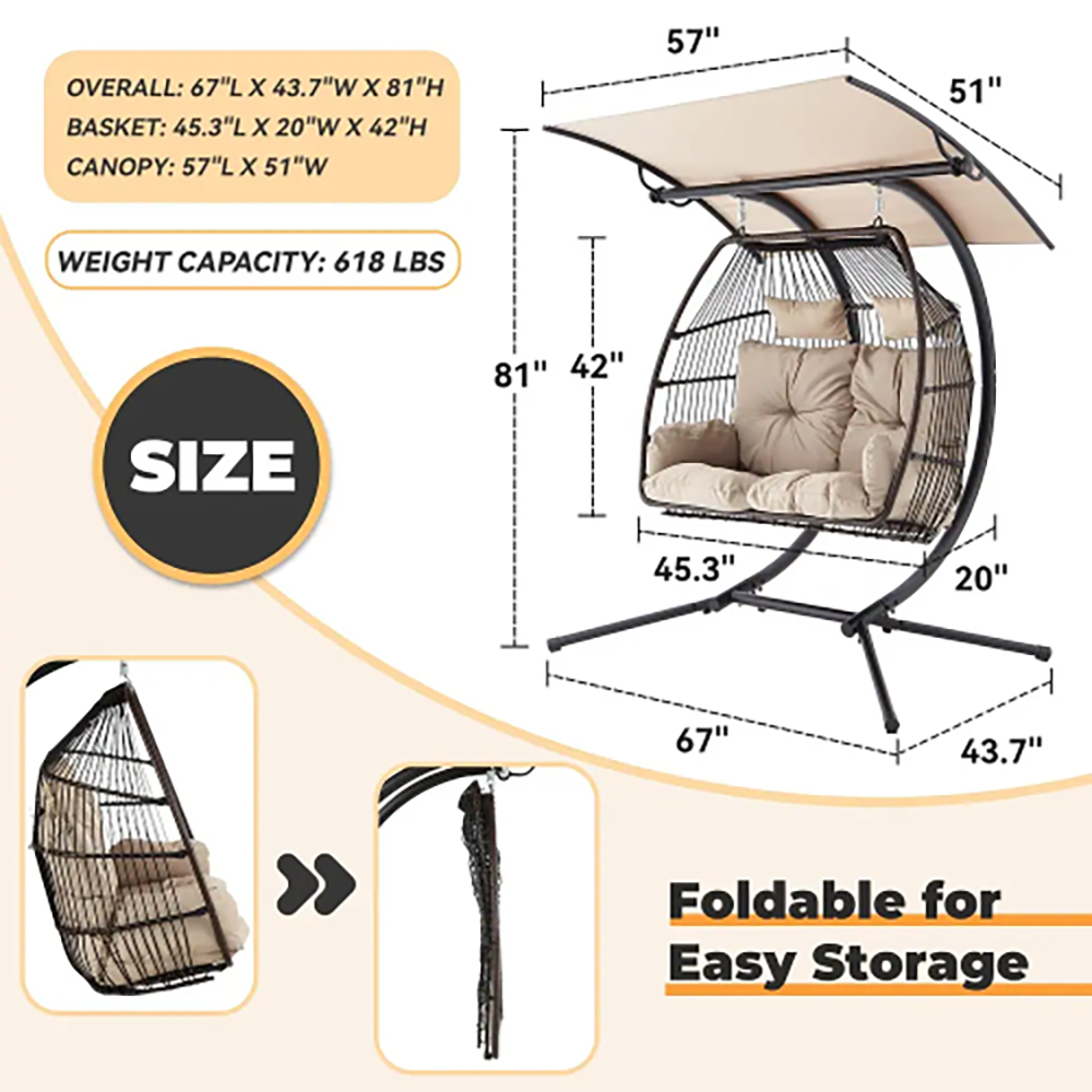 BNIB-Erommy 44'' x 67'' Outdoor Swing Loveseat with Stand, Foldable Hanging Chair, Hammock Cushion