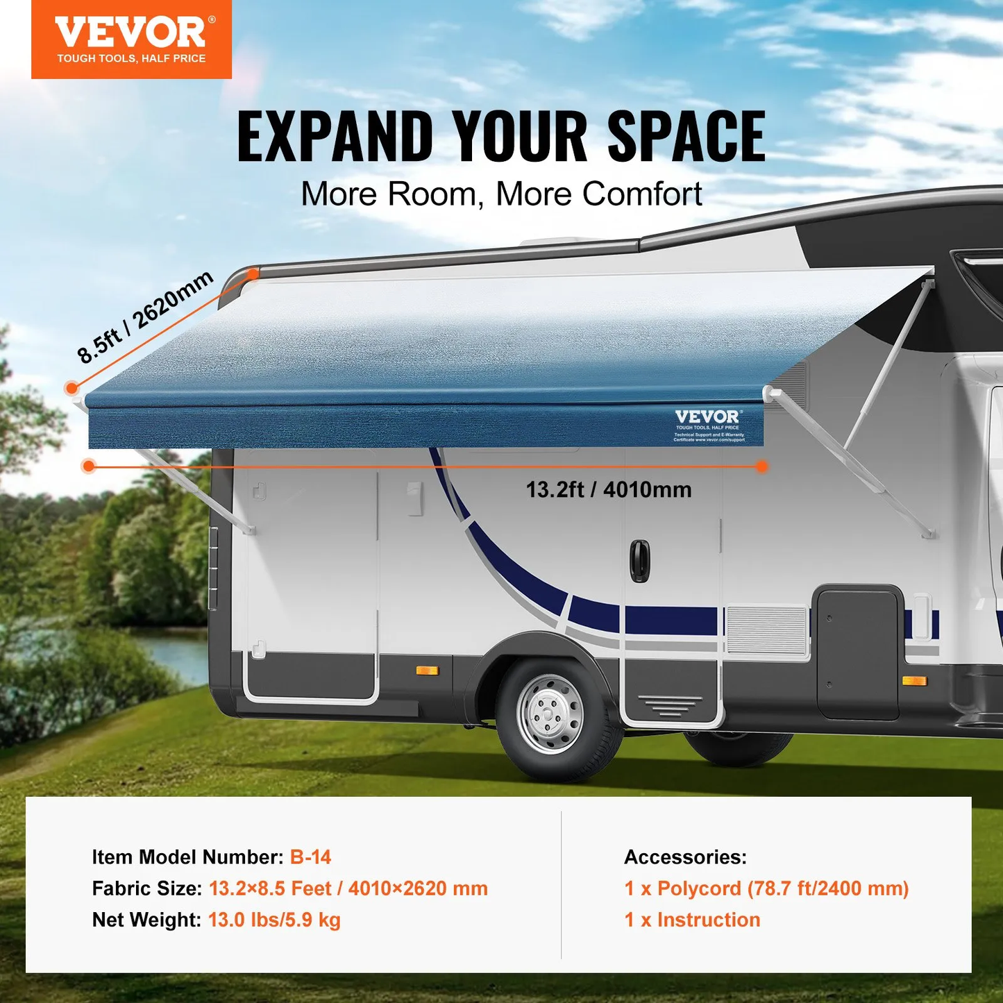 VEVOR RV Awning Fabric Replacement, 13'2" Fabric Length for 14' Awning, Heavy Duty 3-Ply 16oz,-$65