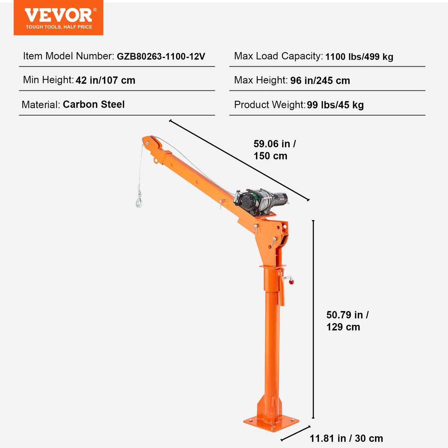 OPen Box VEVOR Electric Pickup Truck Crane, 1100 lbs Capacity, 360° Swivel, Truck Jib Crane Hoist,-$200