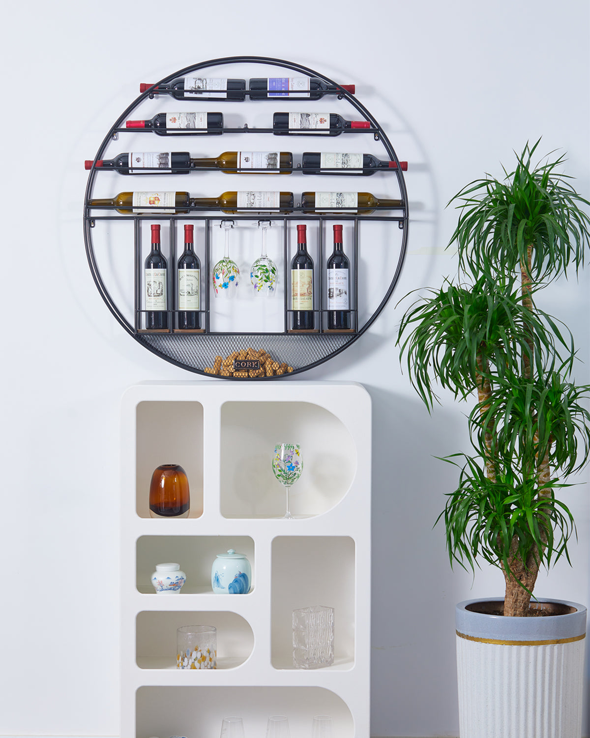 BNIB-Wall Mounted Round Metal Wine Rack w/Cork & Glass Holder,Modern Decoration, Black,