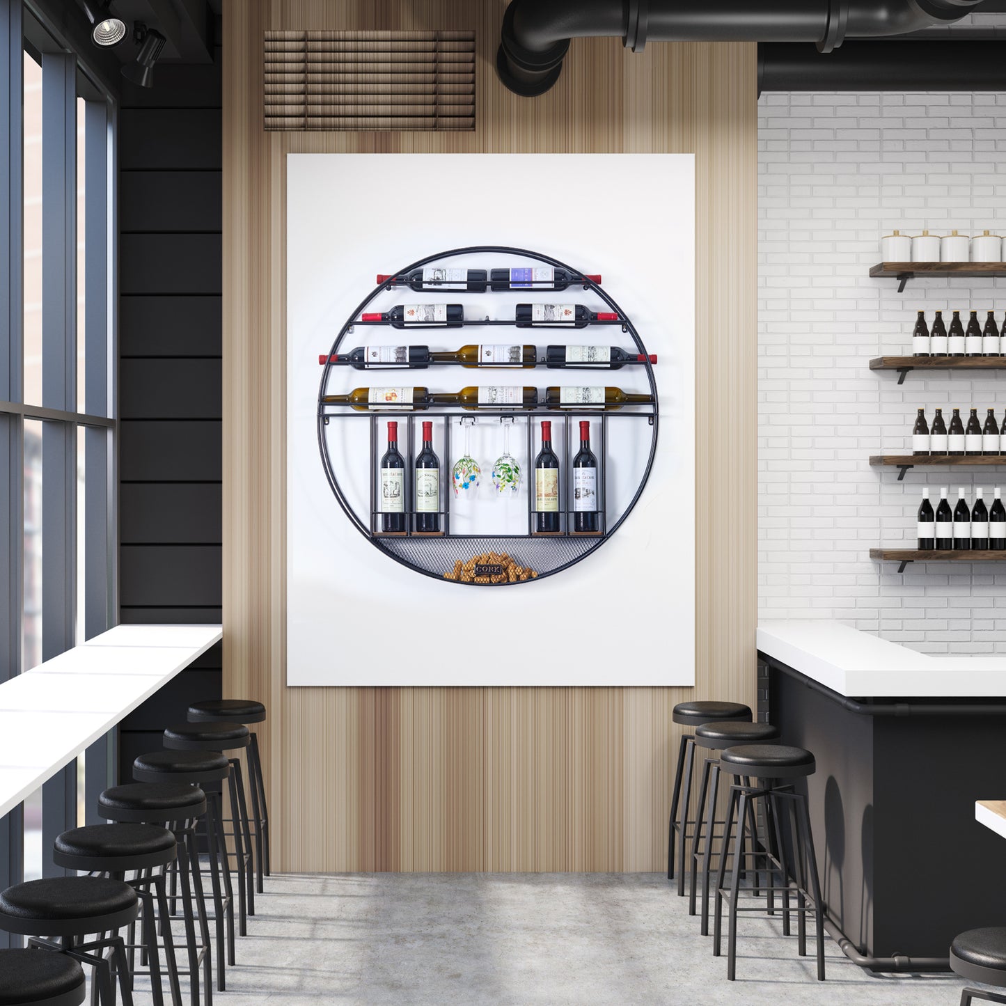 BNIB-Wall Mounted Round Metal Wine Rack w/Cork & Glass Holder,Modern Decoration, Black,