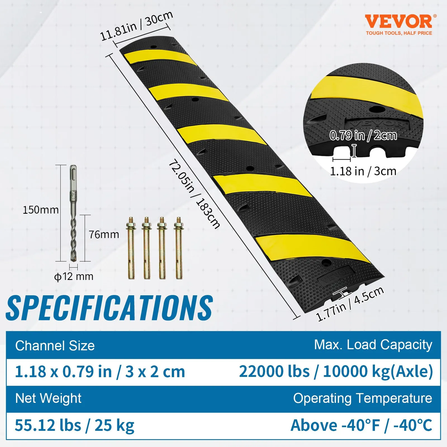 VEVOR 6 ft/72'' Rubber Speed Hump, 2 Channel, 22000 lbs Load Capacity Heavy Duty Traffic Speed Bump,-$65