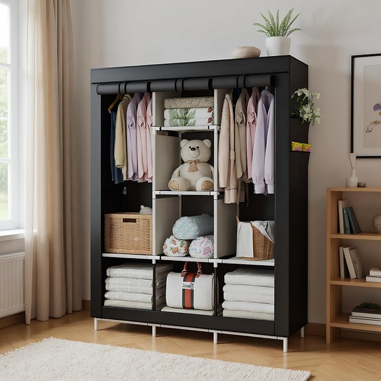 Brand New Portable Closet Organizer: 6 Storage Shelves + 2 Hanging Sections,Black,