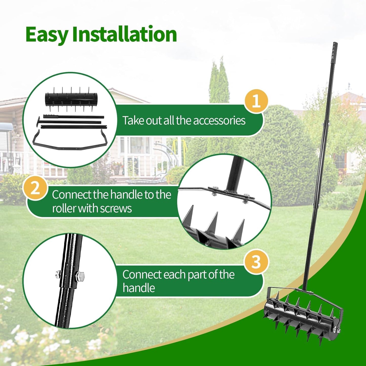BNIB-Rolling Lawn Aerator, 18 Inch Manual Aerator Lawn Tool Aerator Lawn Soil Penetrator with 50 Inch Handle