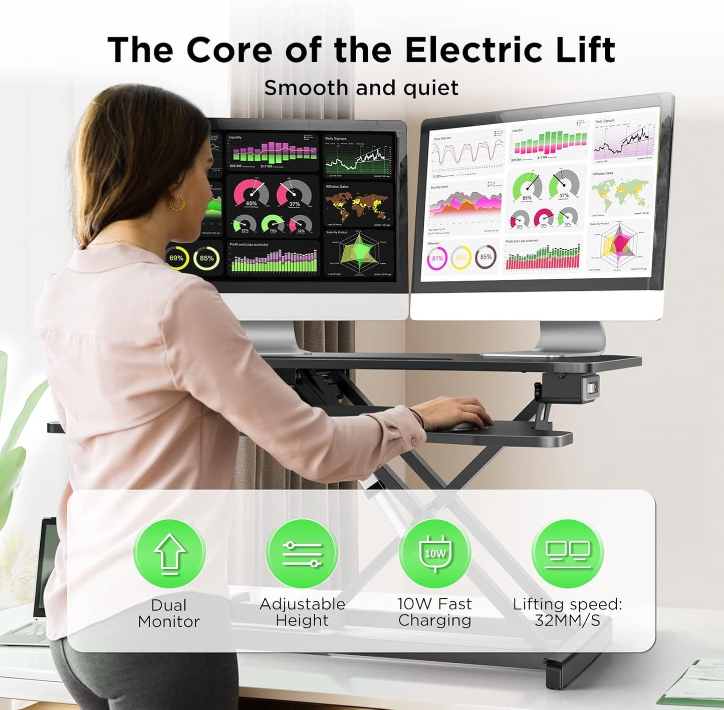 BNIB -Standing Desk Converter, 33.5 inch Height Adjustable Standing Desk Converter W/Monitor Riser and USB Port