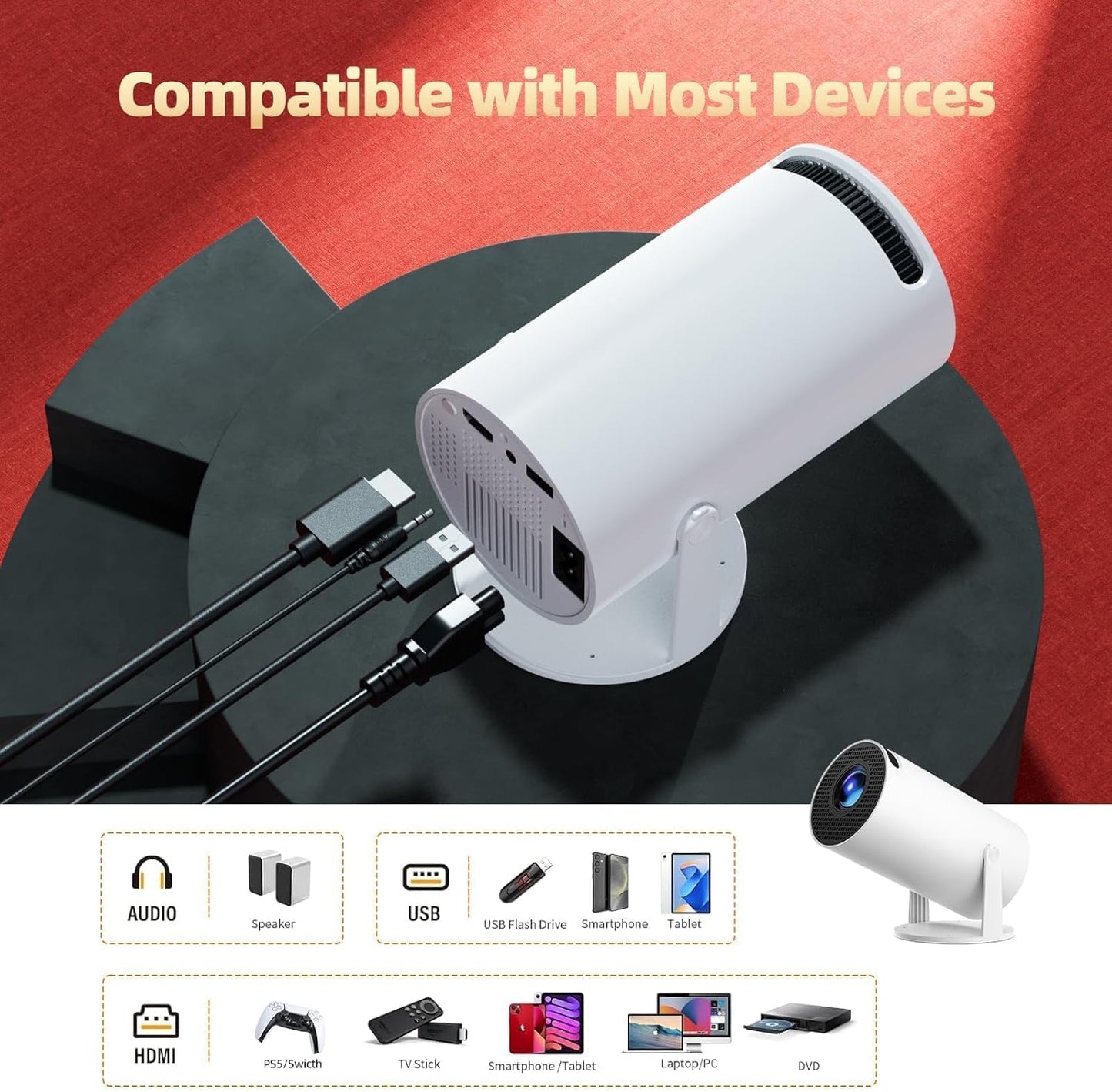 BNIB-Portable 4K Full HD Mini Projector | Android 11.0 with WiFi Bluetooth, 270° Rotation & Auto Correction,$65